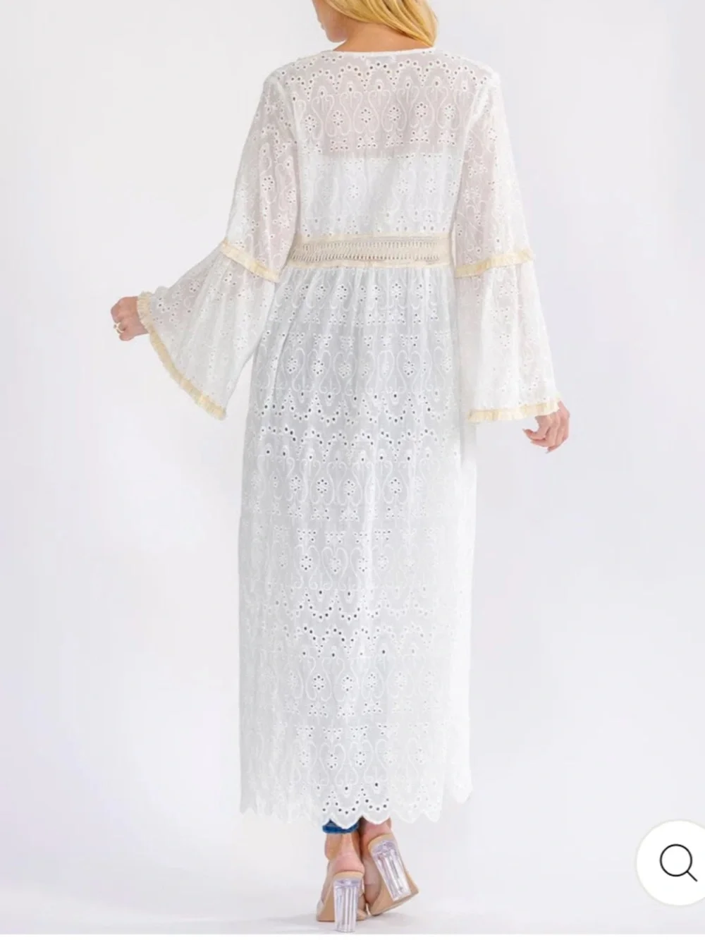 Boho womans Beach Goddess Sheer White Eyelet Tassel Duster size S-M-L - Picture 2 of 3